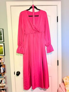 Hot Pink Long Sleeve V-Neck Midi Dress
